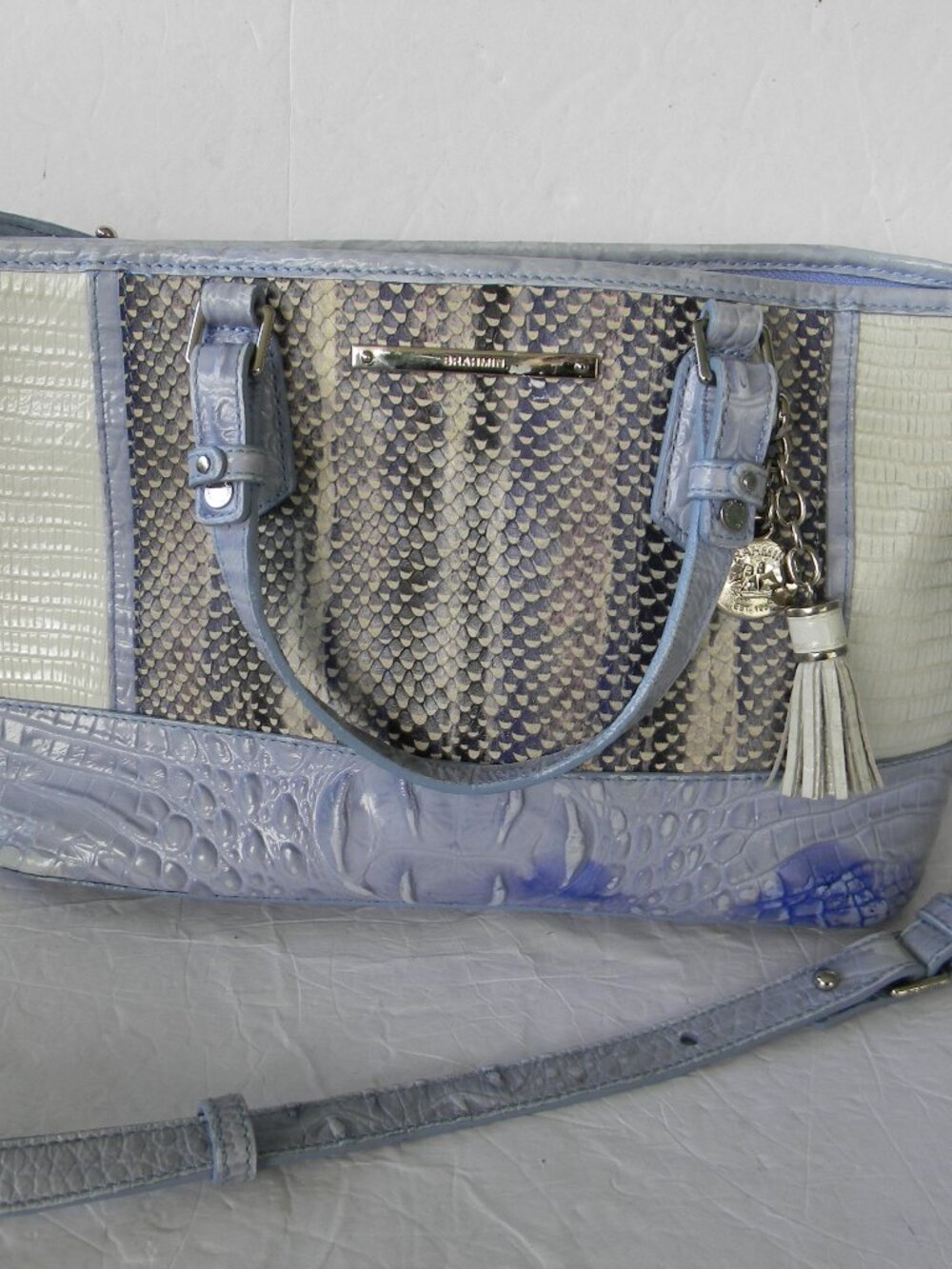 BRAHMIN MINI ASHER LIGHT BLUE/WHITE/GRAY SATCHEL/CROSSBODY LEATHER CROC BAG